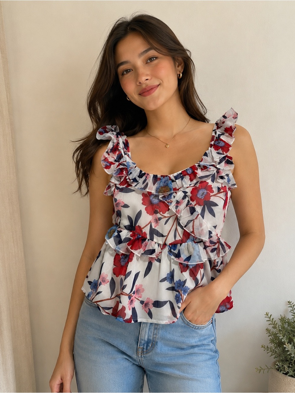 French Connection White Floral Ruffle Camisole with Red & Blue Flowers